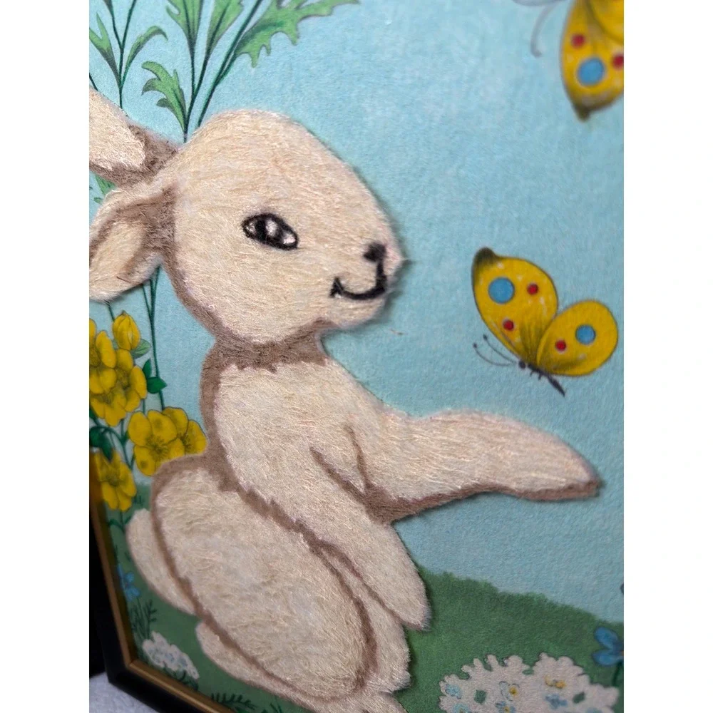 Vintage 60s Handmade Fuzzy Wall Art Kids 10x13 3D Fiber Panda Bunny Set of 2
